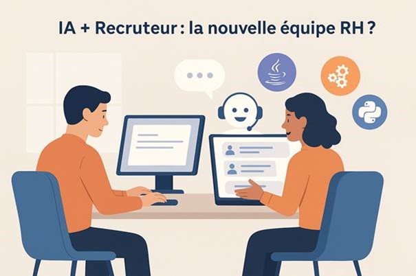 Une illustration représentant deux professionnels assis à un bureau, collaborant devant deux ordinateurs, avec des éléments graphiques symbolisant l'intelligence artificielle et le recrutement.