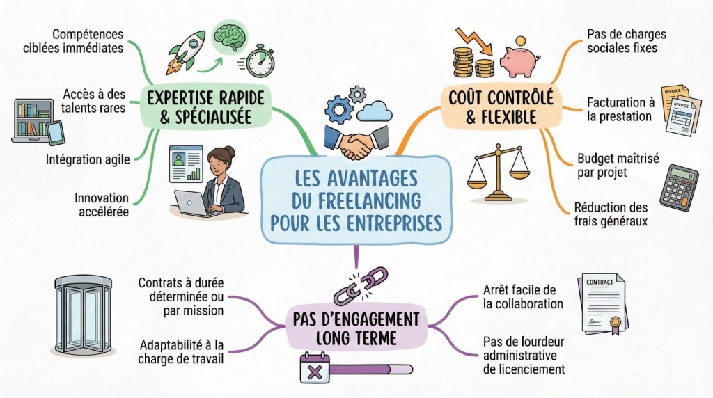 Infographie sur les avantages du freelancing pour les entreprises, incluant l'accès à des talents rares, l'expertise rapide, une gestion flexible des coûts et l'adaptabilité des ressources.