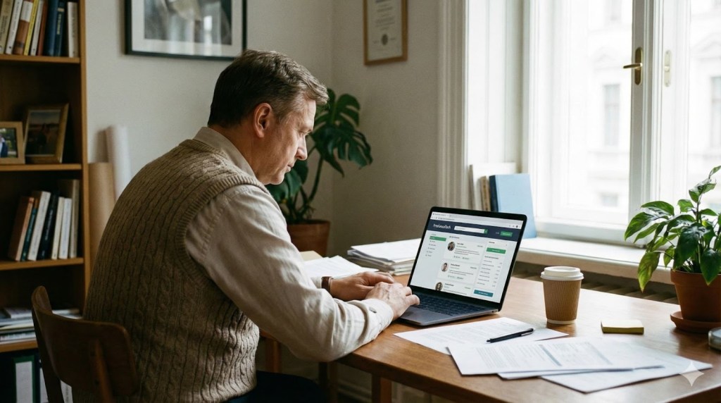 Un homme assis à un bureau travaillant sur un ordinateur portable, affichant une page de réseau social professionnel. Plusieurs documents sont éparpillés sur le bureau et une plante est visible à côté de la fenêtre.