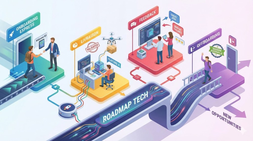 Illustration d'un processus de gestion des projets technologiques montrant l'intégration, la livraison, le retour d'information et l'offboarding, avec des personnages engagés dans différentes étapes.