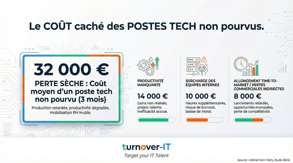 Infographie expliquant les coûts cachés des postes tech non pourvus, avec des chiffres et des descriptions des impacts sur la productivité et les équipes.